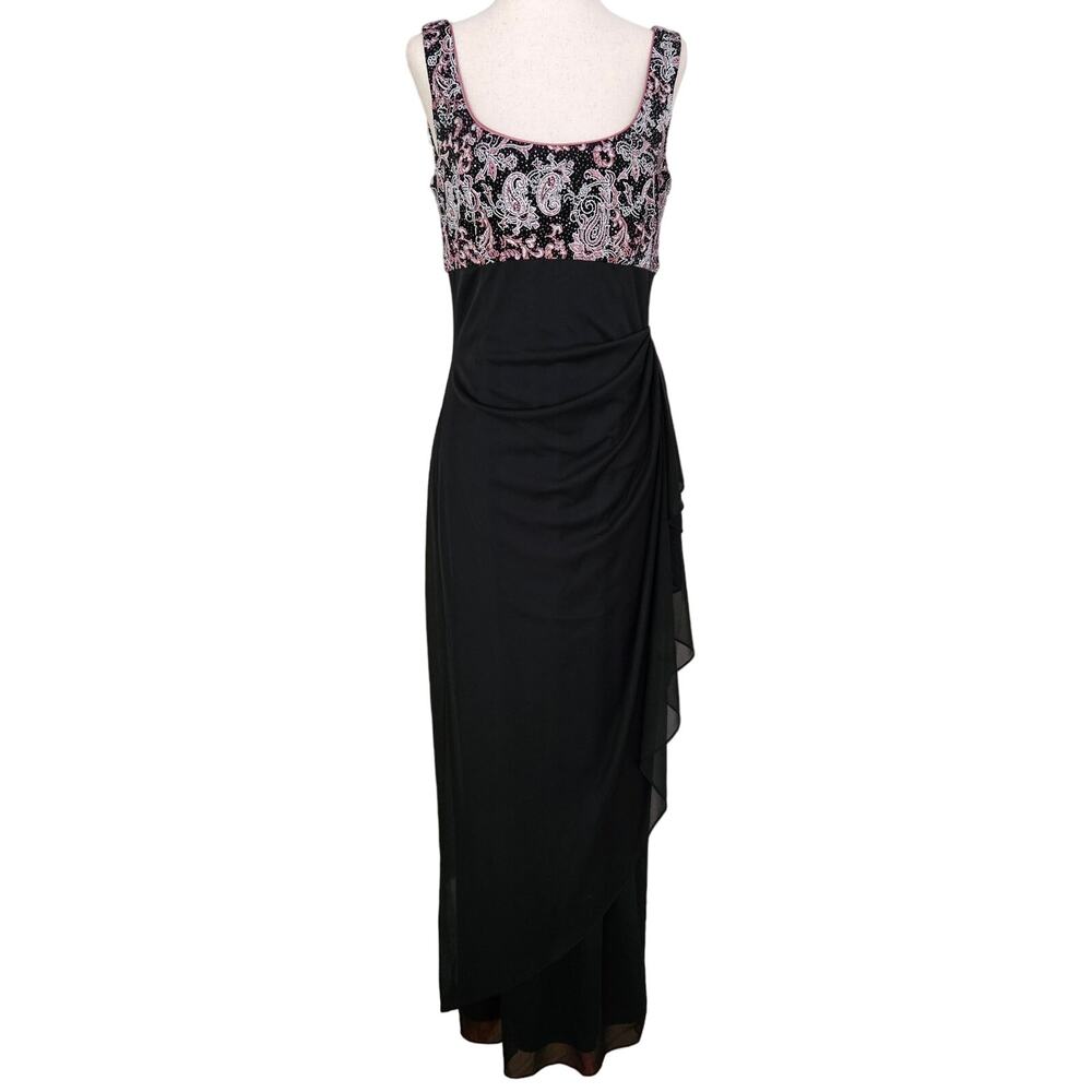 Vintage 90s Mesh Overlay Black Sleevless Prom Dress Ruffle Maxi Empire Waist